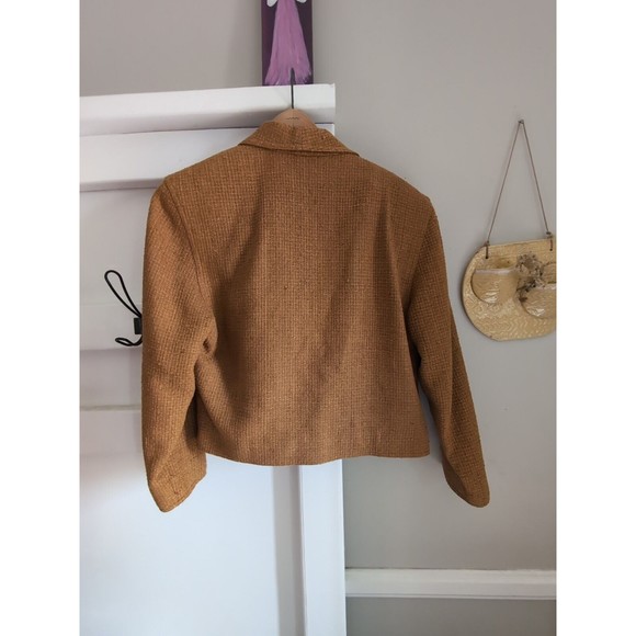 Vintage Doncaster 100% Silk Cropped Tweed One Button Blazer Jacket Sz 8 Tan Gold - Picture 7 of 10
